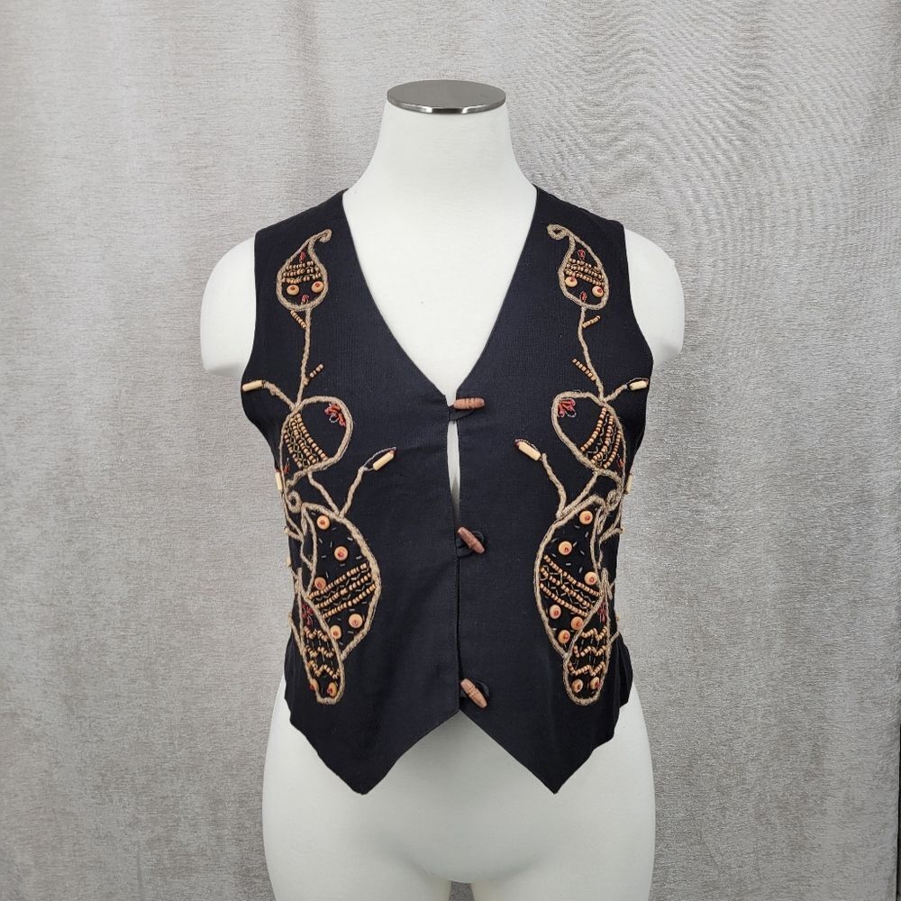 Vintage Raffia Embroidered Black Cotton Beaded Vest with Wooden Toggles Boho